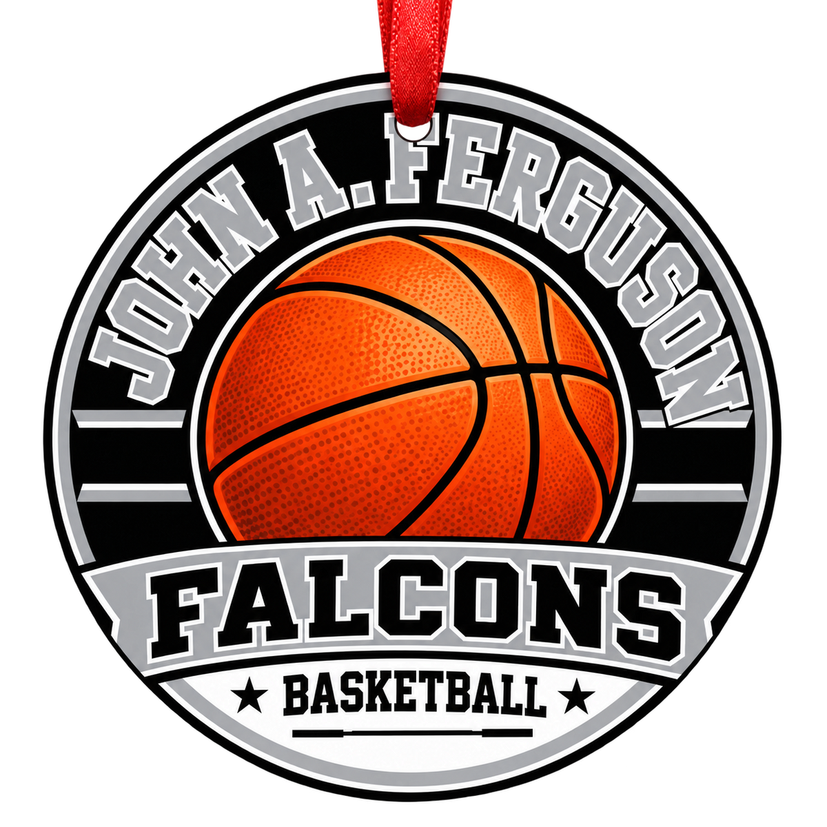 John A. Ferguson Senior High School Falcons basketball Christmas ornament with red hanging ribbon, Miami, Florida