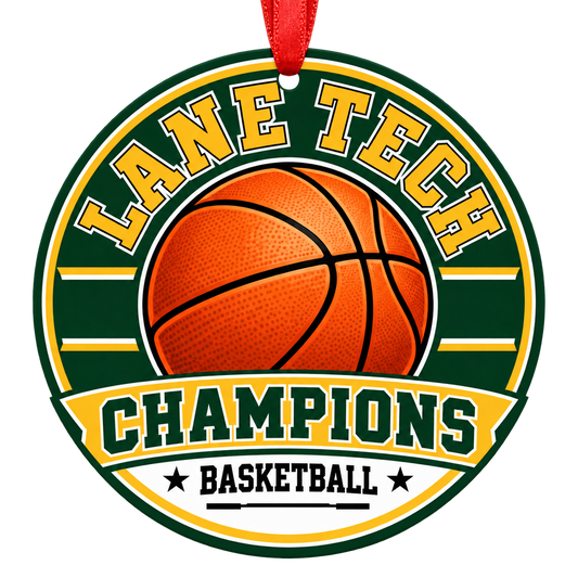 Lane Technical High School Champions basketball Christmas ornament with red hanging ribbon, Chicago, Illinois