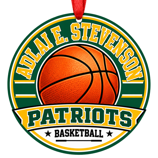 Adlai E. Stevenson High School patriots basketball Christmas ornament with red hanging ribbon, Lincolnshire, Illinois