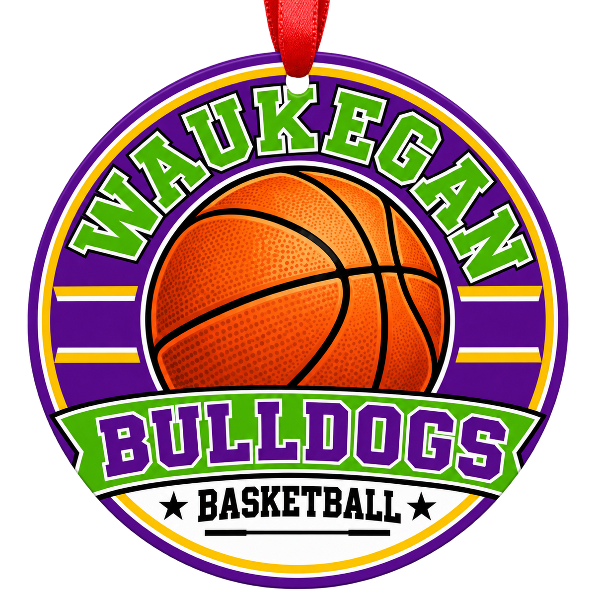 Waukegan High School Bulldogs basketball Christmas ornament with red hanging ribbon, Waukegan, Illinois