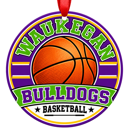 Waukegan High School Bulldogs basketball Christmas ornament with red hanging ribbon, Waukegan, Illinois