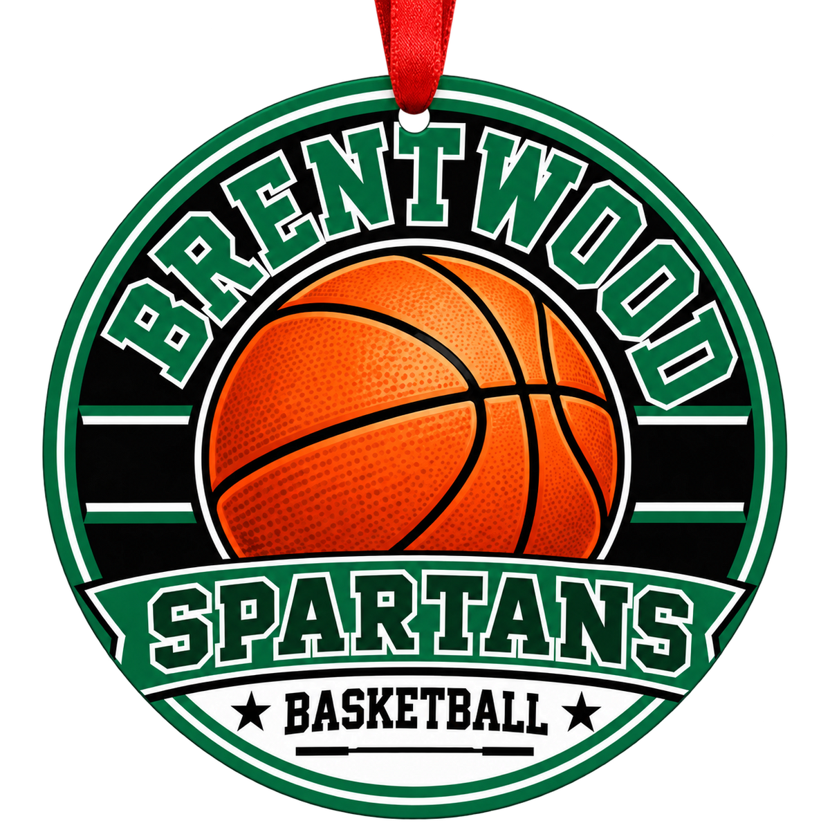 Brentwood High School spartans basketball Christmas ornament with red hanging ribbon, Brentwood, New York