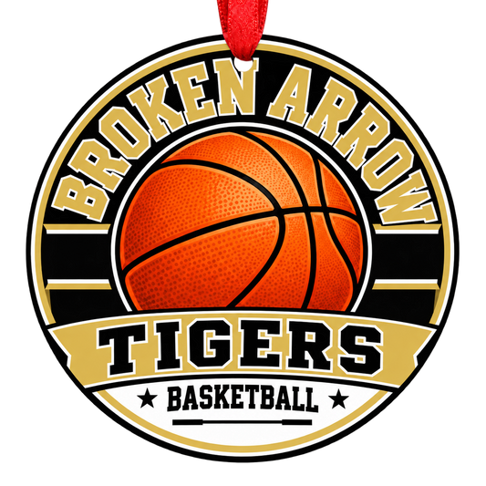 Broken Arrow High School tigers basketball Christmas ornament with red hanging ribbon, Broken Arrow, Oklahoma