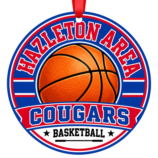 Hazleton Area High School Cougars basketball Christmas ornament with red hanging ribbon, Hazle Township, Pennsylvania