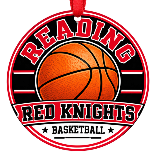 Reading Senior High School red knights basketball Christmas ornament with red hanging ribbon, Reading, Pennsylvania