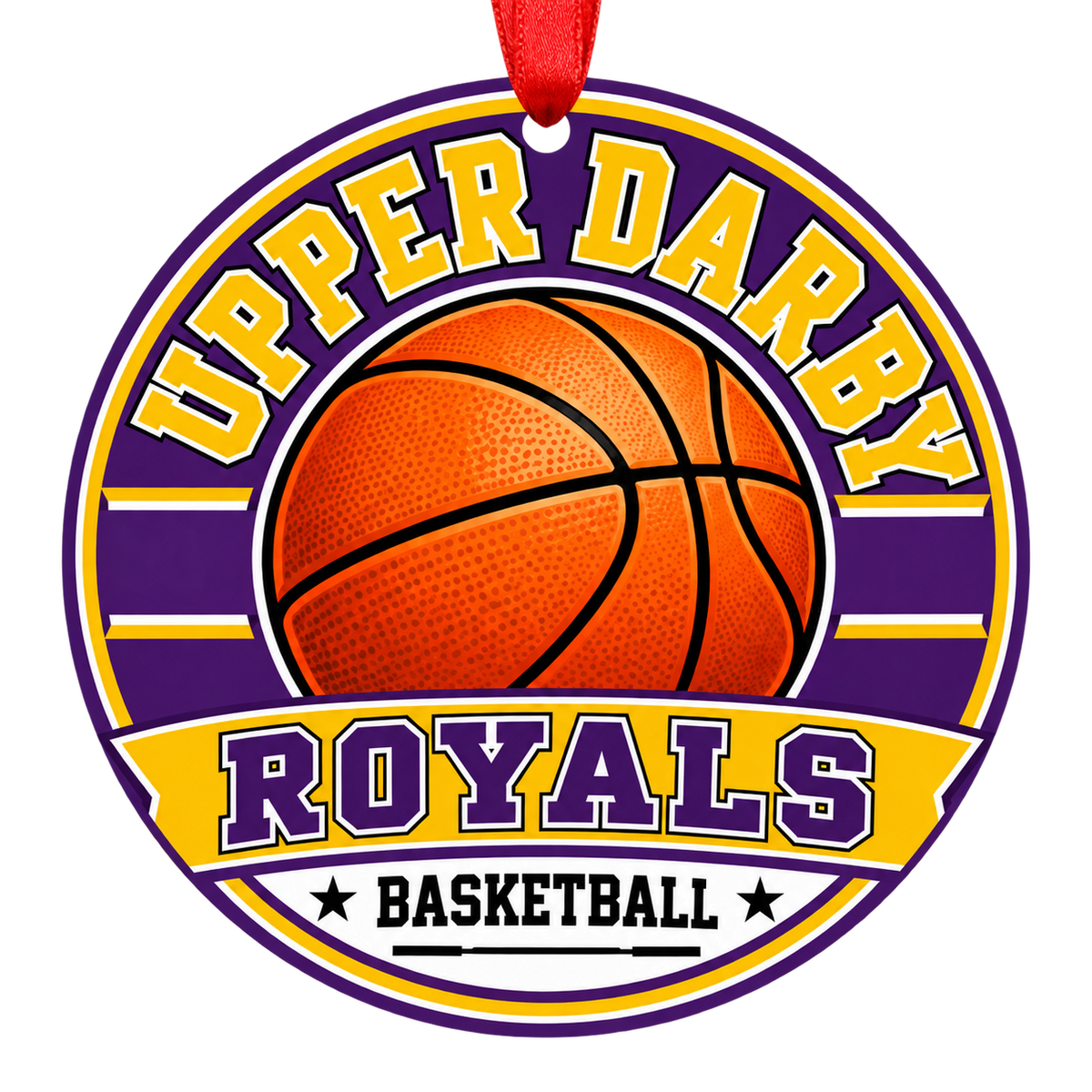 Upper Darby High School Royals basketball Christmas ornament with red hanging ribbon, Drexel Hill, Pennsylvania
