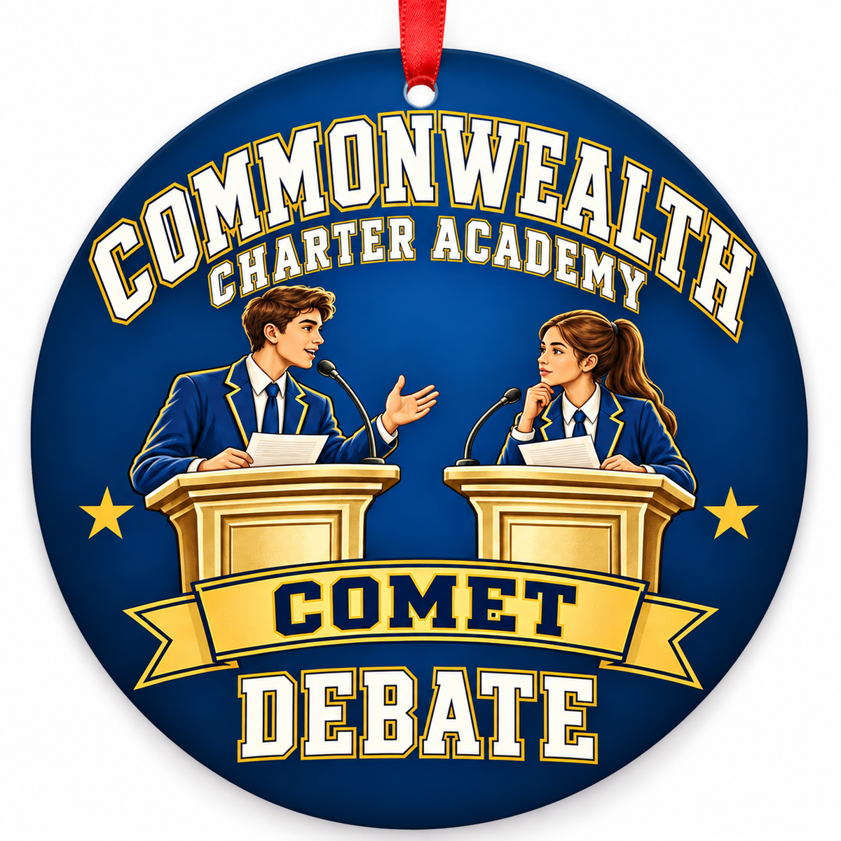Commonwealth Charter Academy Comet Debate Christmas ornament, Podiums design in blue and gold with a red ribbon