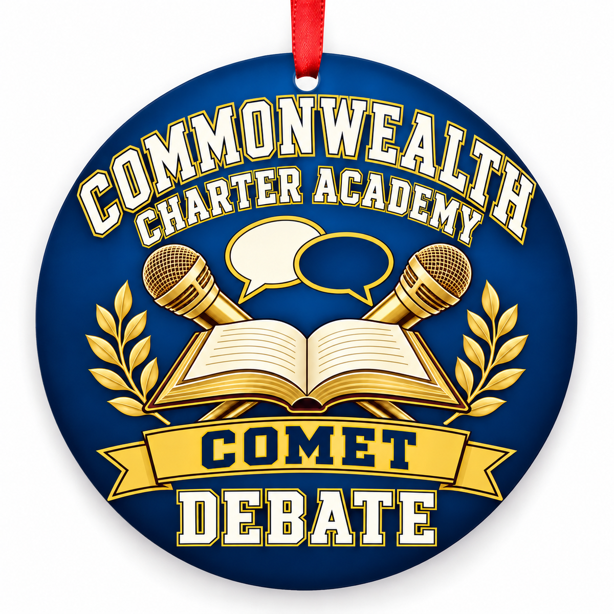 Commonwealth Charter Academy Comet Debate Christmas ornament, Microphones design in blue and gold with a red ribbon