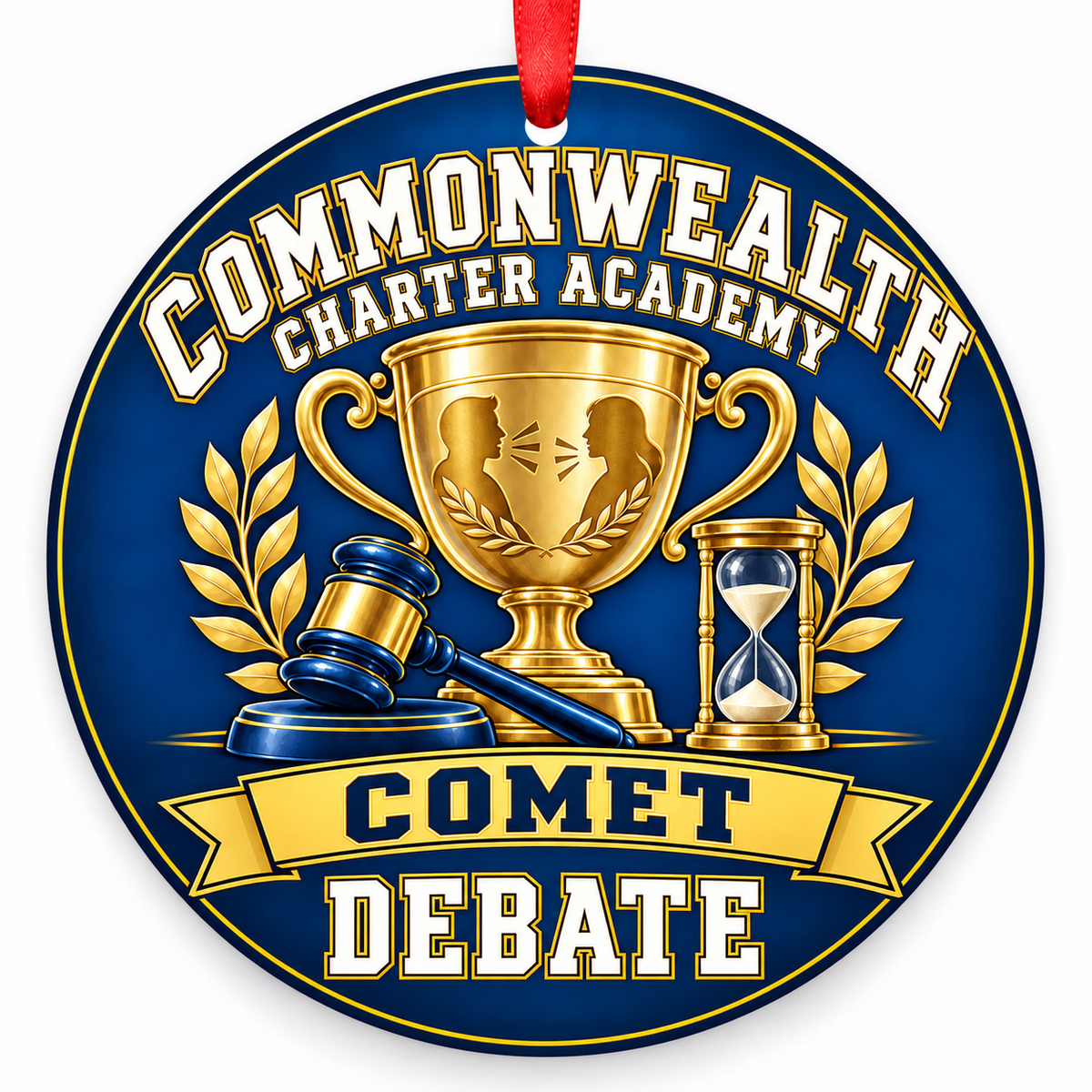 Commonwealth Charter Academy Comet Debate Christmas ornament, Trophy design in blue and gold with a red ribbon