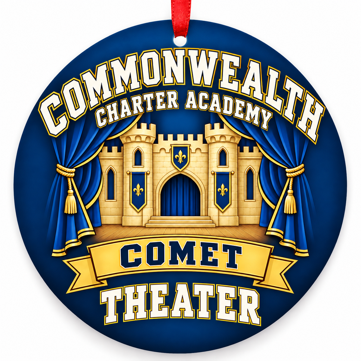 Commonwealth Charter Academy Comet Theater Christmas ornament, Castle Stage design in blue and gold with a red ribbon
