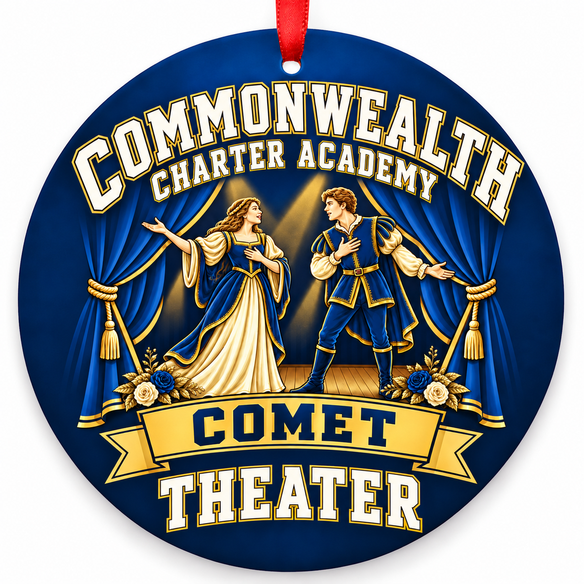 Commonwealth Charter Academy Comet Theater Christmas ornament, Performers design in blue and gold with a red ribbon