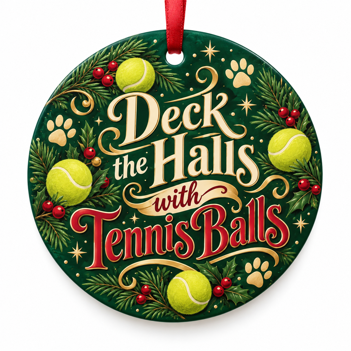 Deck the Halls with Tennis Balls — round porcelain ornament with red ribbon