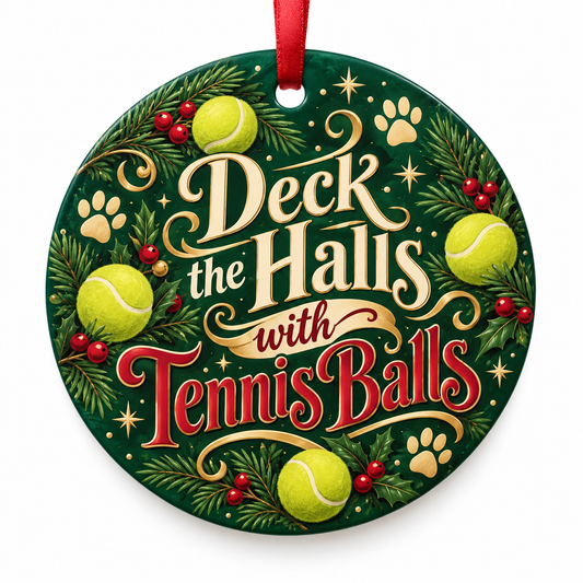 Deck the Halls with Tennis Balls — round porcelain ornament with red ribbon
