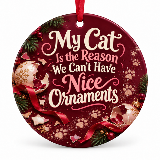 My Cat Is the Reason We Can't Have Nice Ornaments — round porcelain ornament with red ribbon