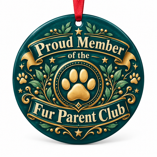Proud Member of the Fur Parent Club — round porcelain ornament with red ribbon