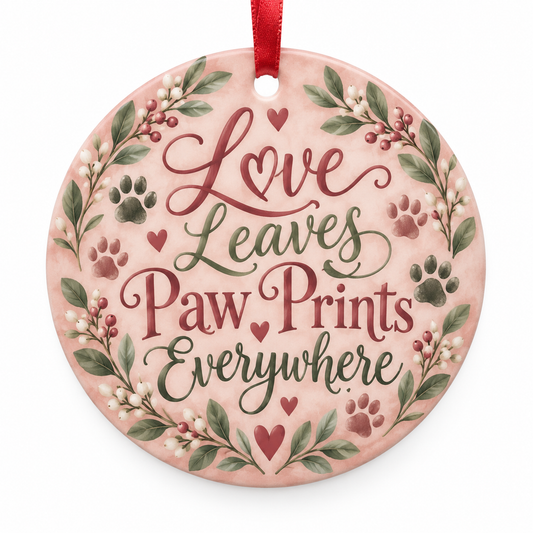 Love Leaves Paw Prints Everywhere — round porcelain ornament with red ribbon