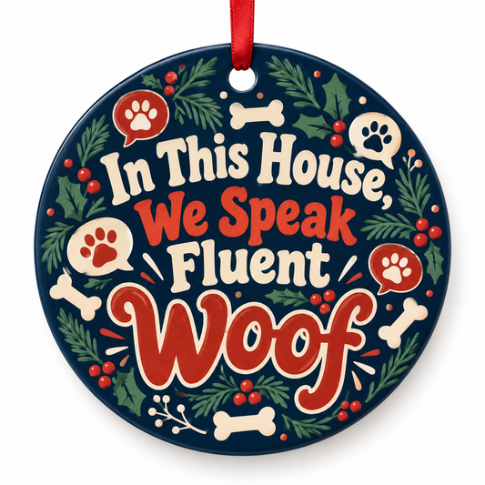 In This House, We Speak Fluent Woof — round porcelain ornament with red ribbon
