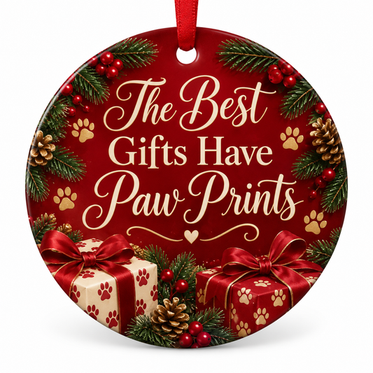 The Best Gifts Have Paw Prints — round porcelain ornament with red ribbon