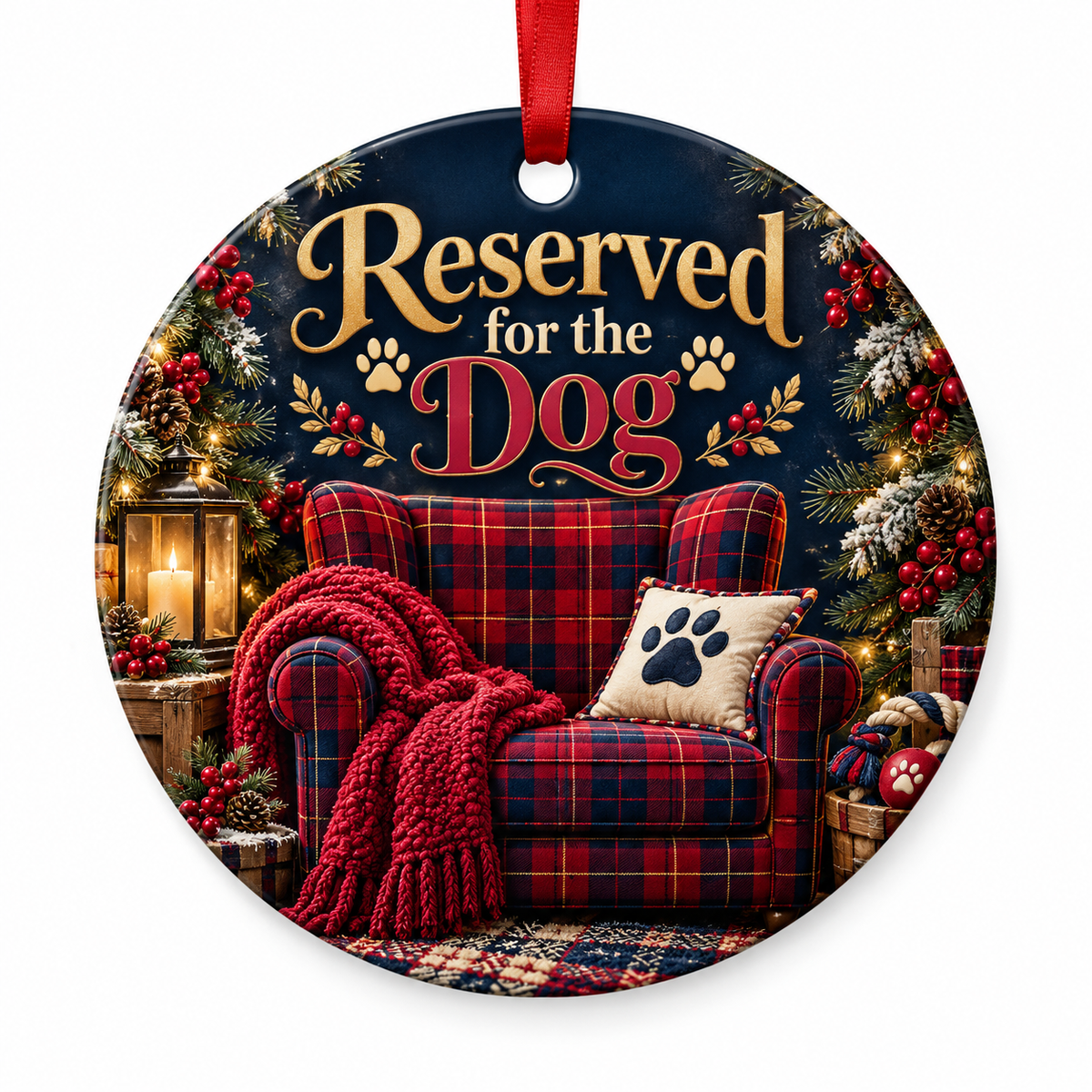 Reserved for the Dog — round porcelain ornament with red ribbon