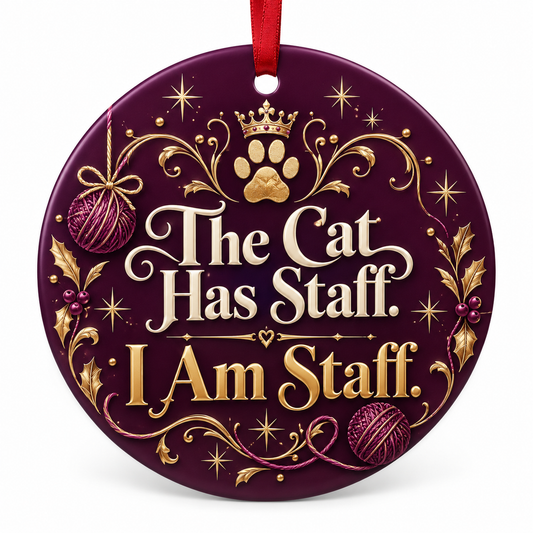 The Cat Has Staff. I Am Staff. — round porcelain ornament with red ribbon