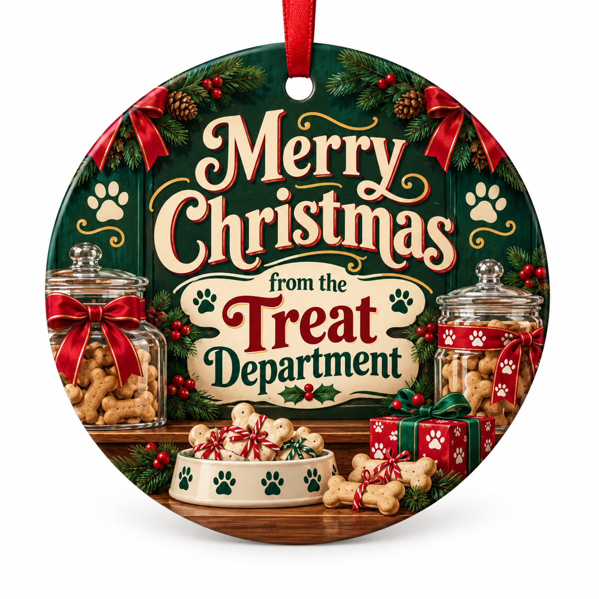 Merry Christmas from the Treat Department — round porcelain ornament with red ribbon