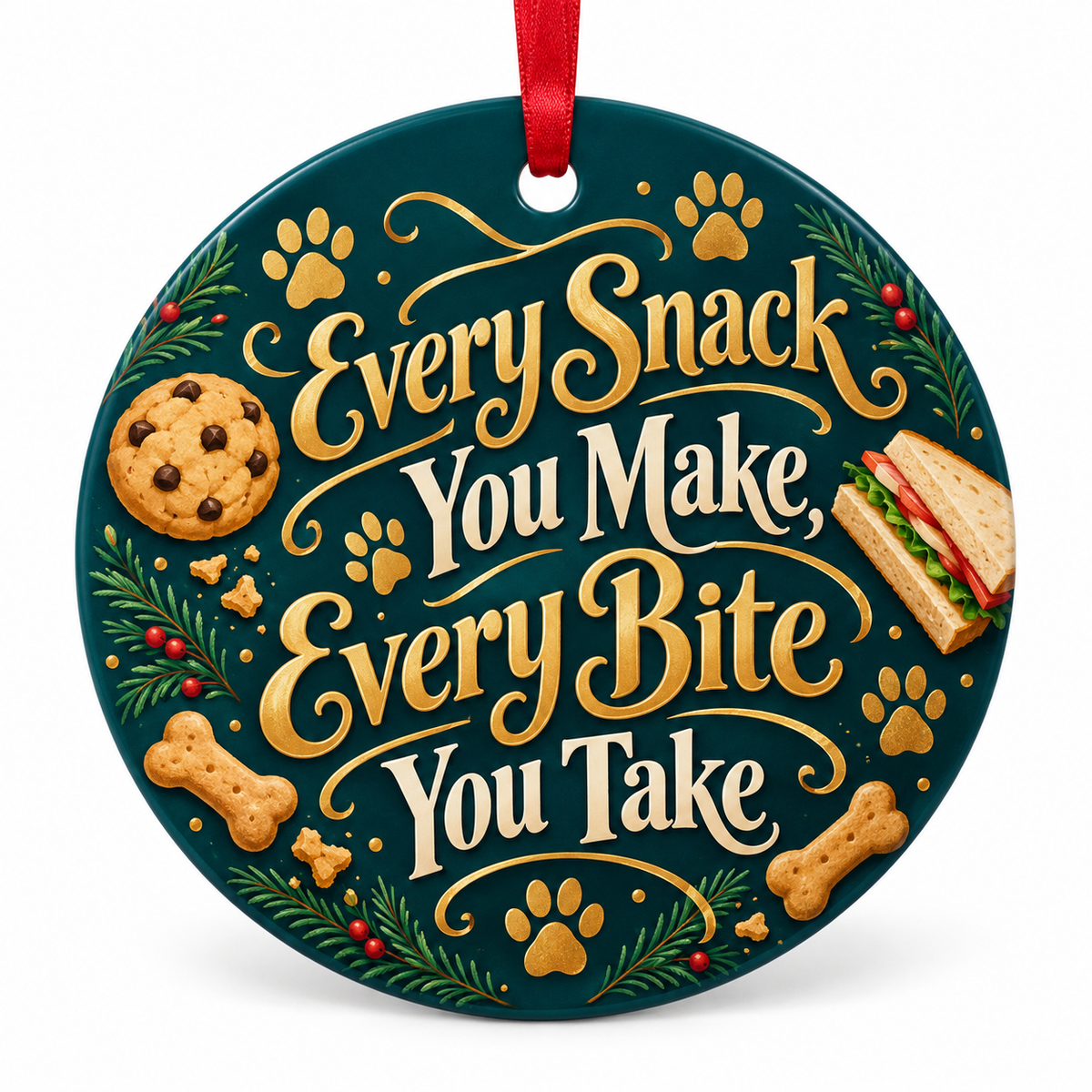 Every Snack You Make, Every Bite You Take — round porcelain ornament with red ribbon