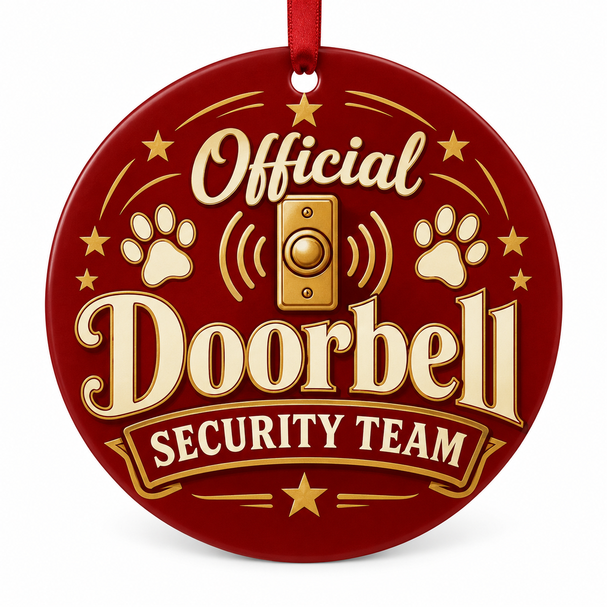 Official Doorbell Security Team — round porcelain ornament with red ribbon