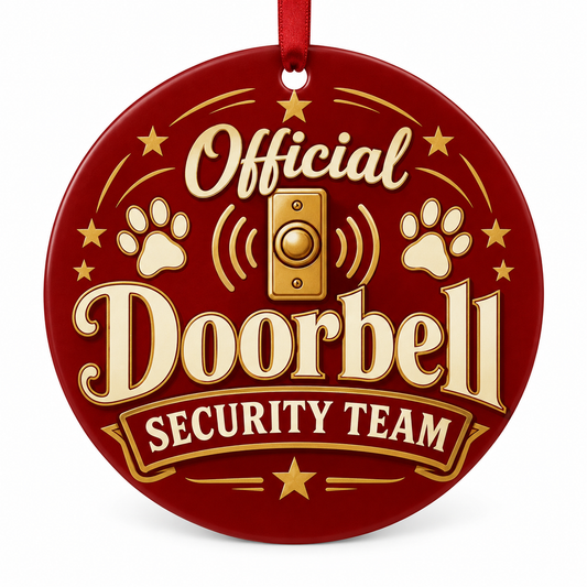 Official Doorbell Security Team — round porcelain ornament with red ribbon