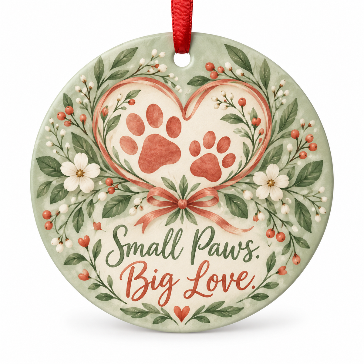Small Paws. Big Love. — round porcelain ornament with red ribbon