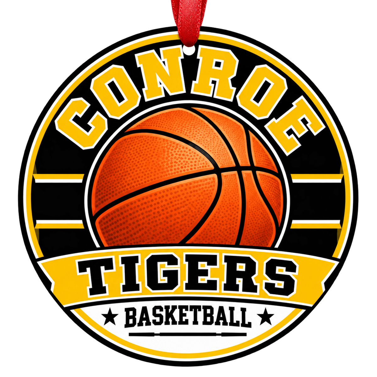 Conroe High School tigers basketball Christmas ornament with red hanging ribbon, Conroe, Texas