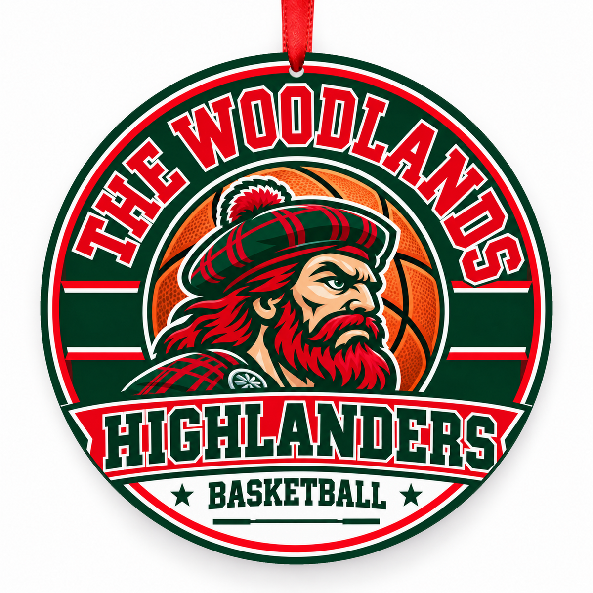 The Woodlands High School Highlanders Basketball Mascot ornament in hunter green, red, and white