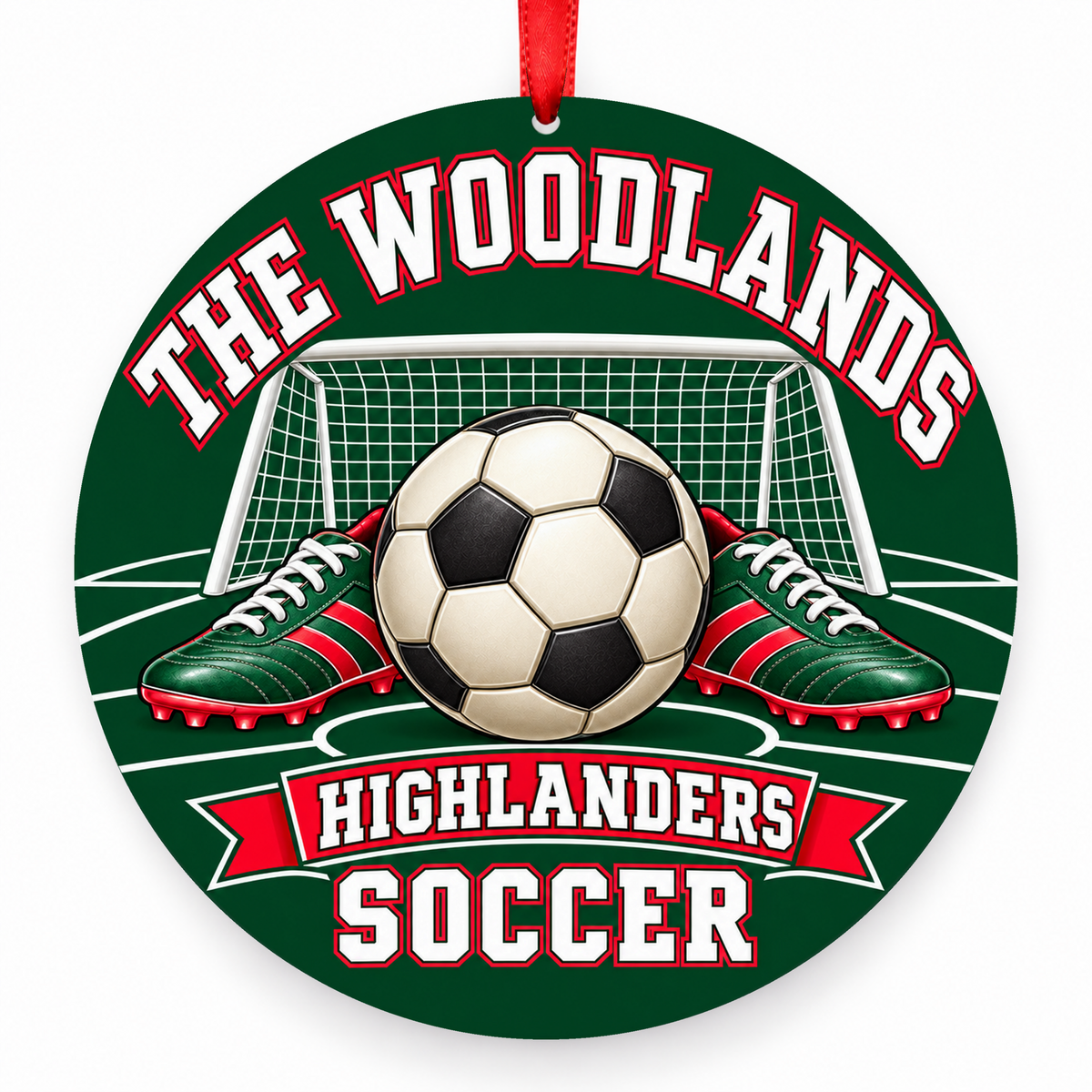 The Woodlands High School Highlanders Soccer Ball, Cleats & Goal ornament in hunter green, red, and white