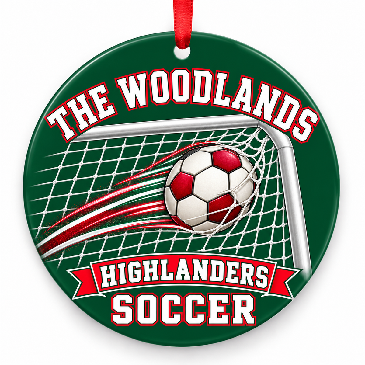The Woodlands High School Highlanders Soccer Ball & Goal ornament in hunter green, red, and white