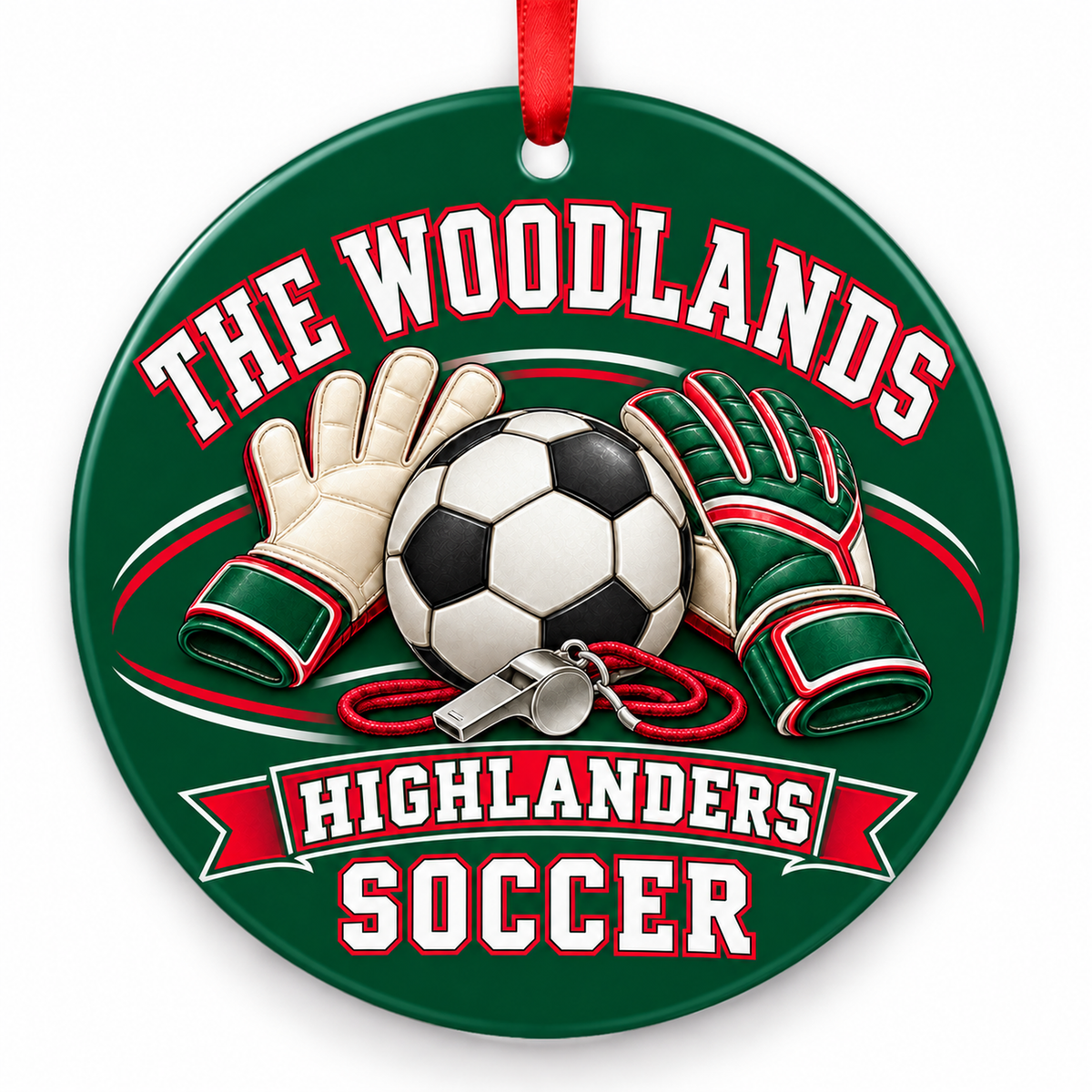 The Woodlands High School Highlanders Soccer Goalkeeper Gear ornament in hunter green, red, and white