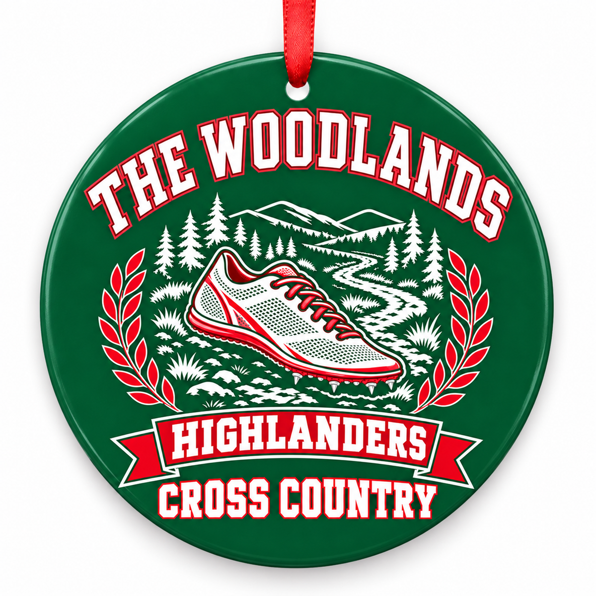 The Woodlands High School Highlanders Cross Country Trail Shoe ornament in hunter green, red, and white