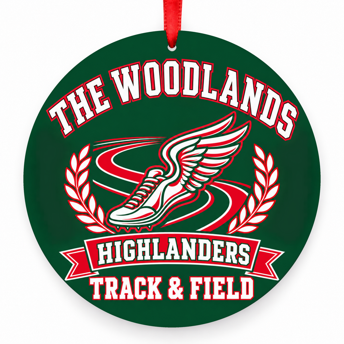 The Woodlands High School Highlanders Track & Field Winged Shoe ornament in hunter green, red, and white