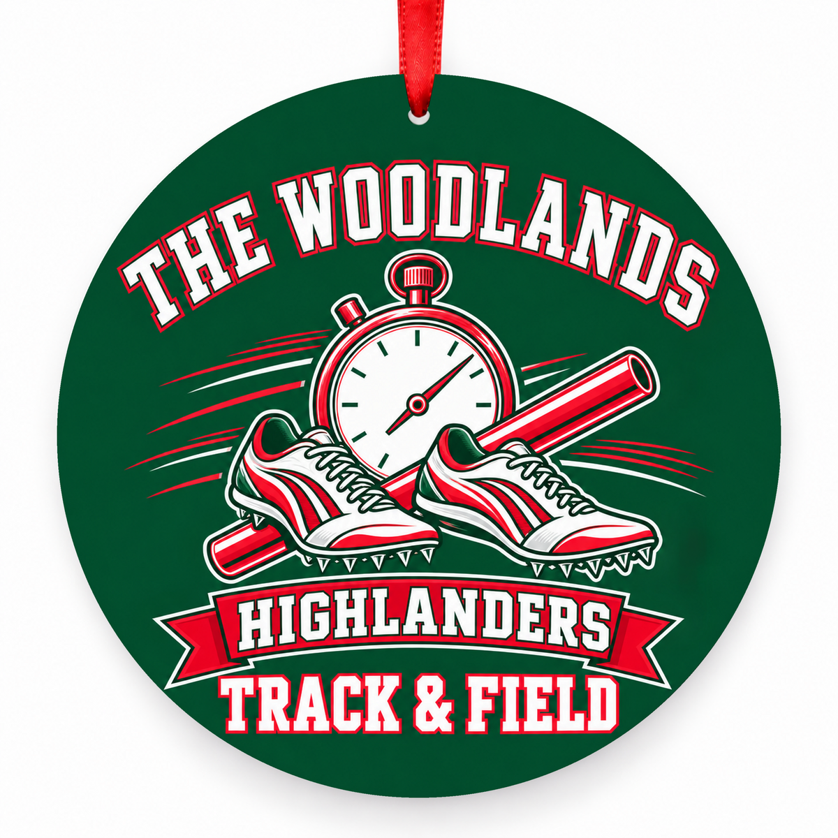 The Woodlands High School Highlanders Track & Field Shoes, Baton & Stopwatch ornament in hunter green, red, and white