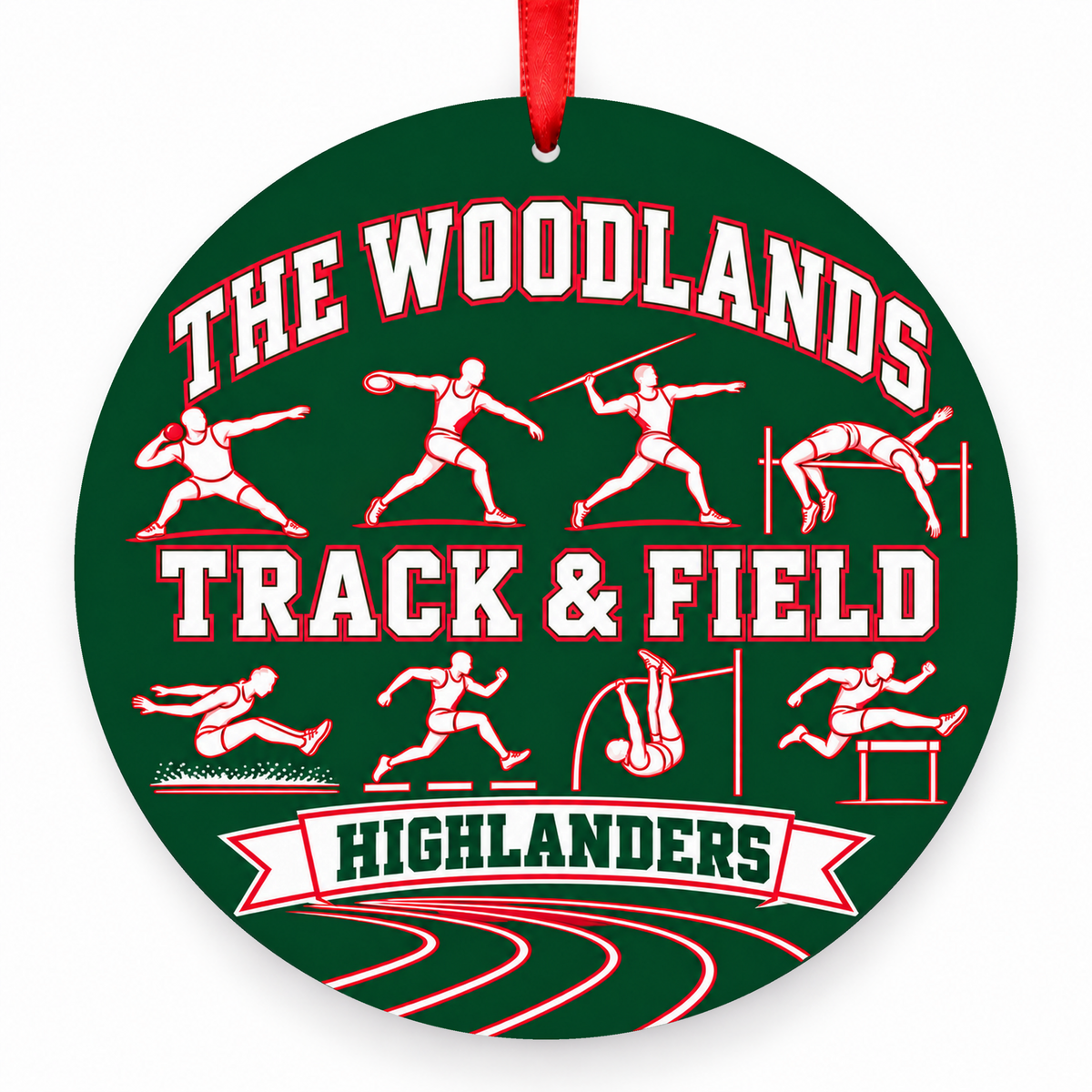 The Woodlands High School Highlanders Track & Field Events ornament in hunter green, red, and white
