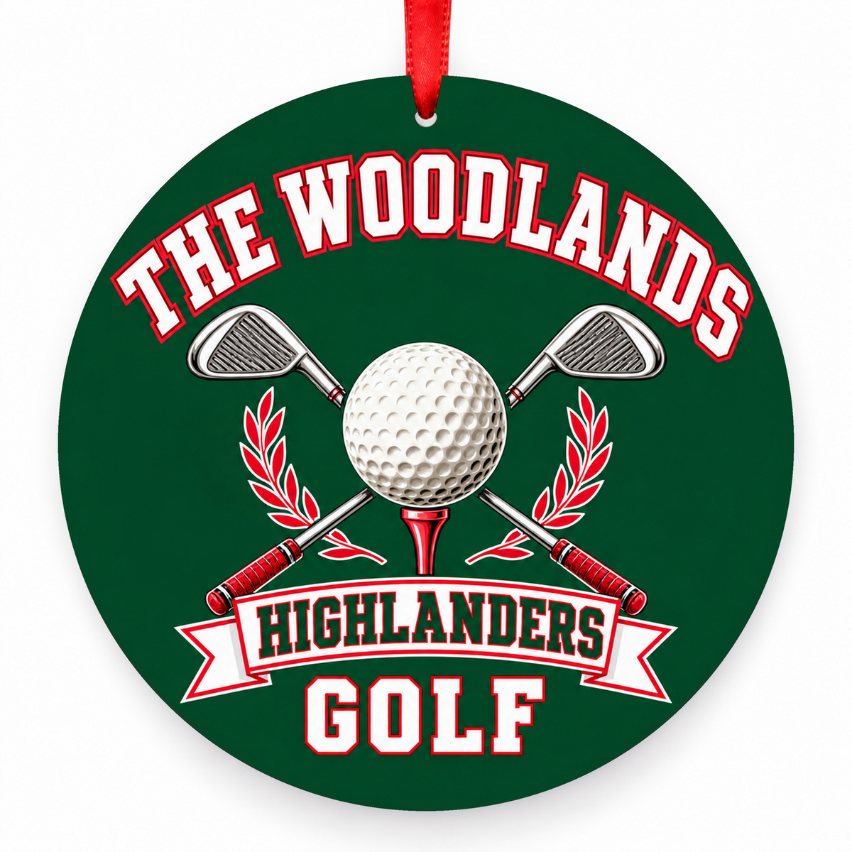 The Woodlands High School Highlanders Golf Crossed Clubs ornament in hunter green, red, and white
