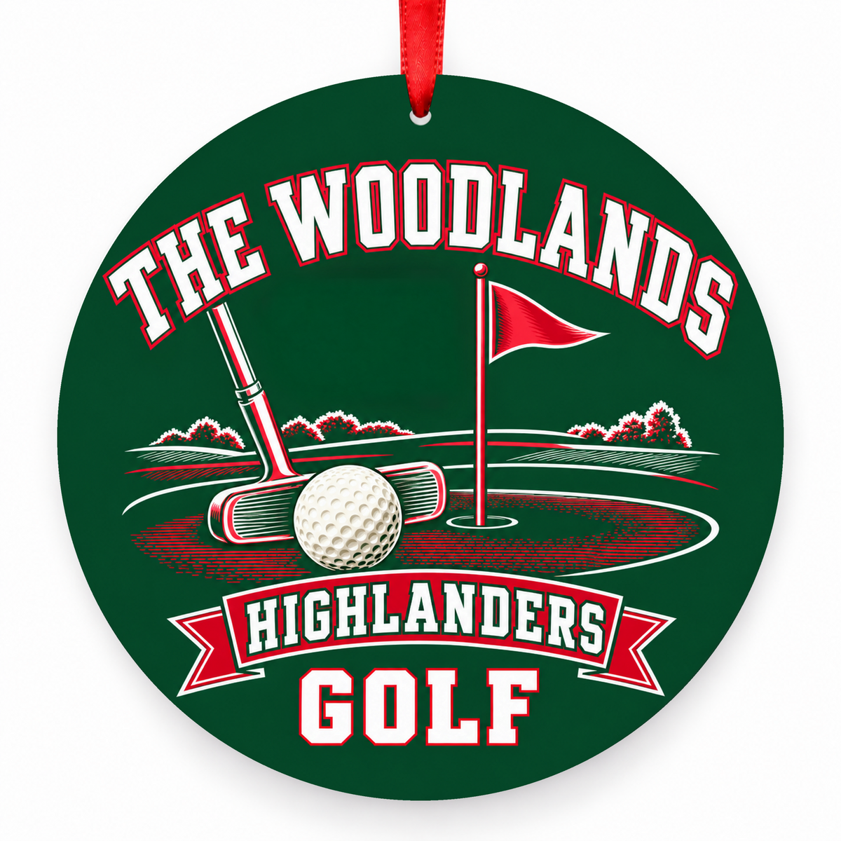 The Woodlands High School Highlanders Golf Putting Green ornament in hunter green, red, and white