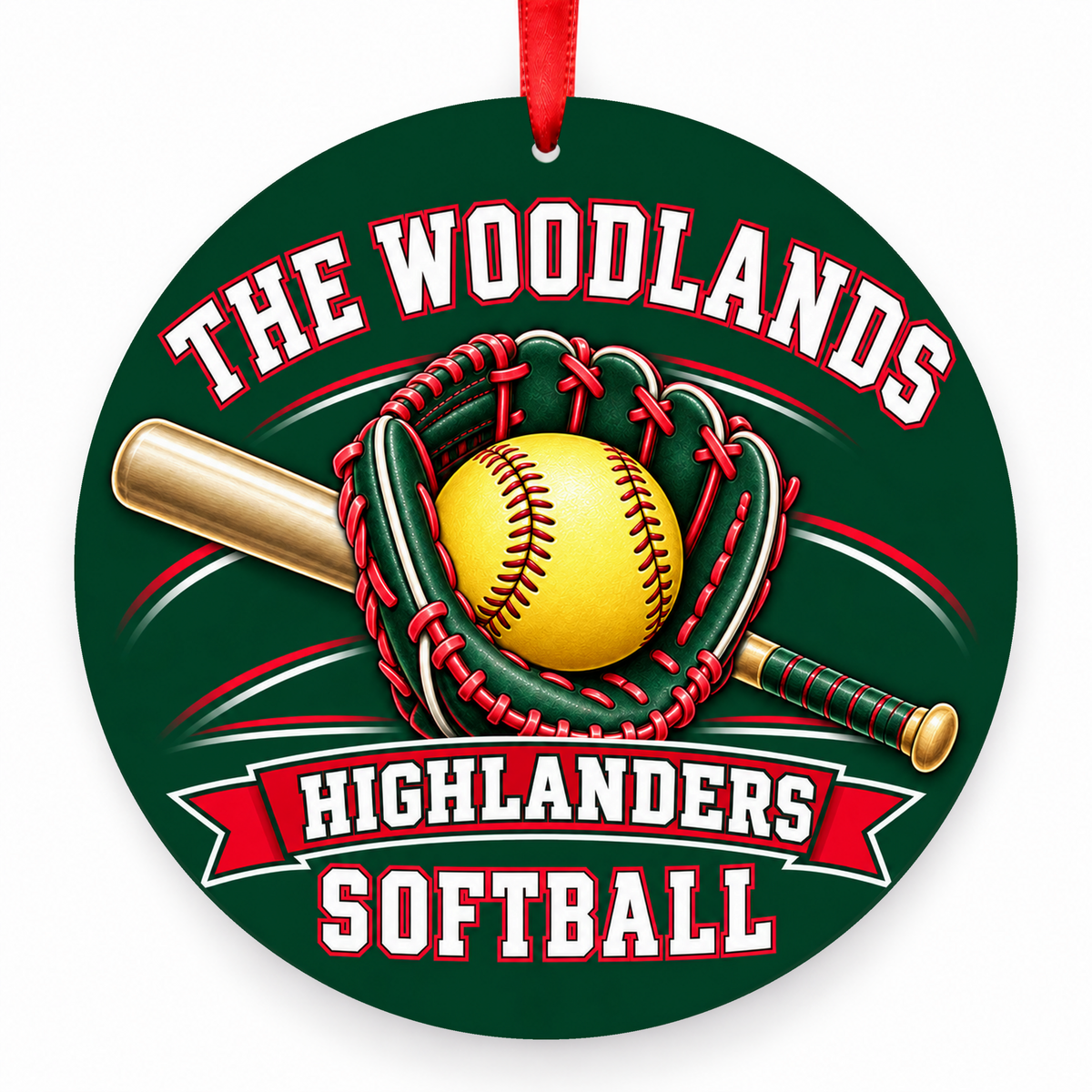The Woodlands High School Highlanders Softball Glove & Bat Christmas Ornament in hunter green, red and white with red satin ribbon