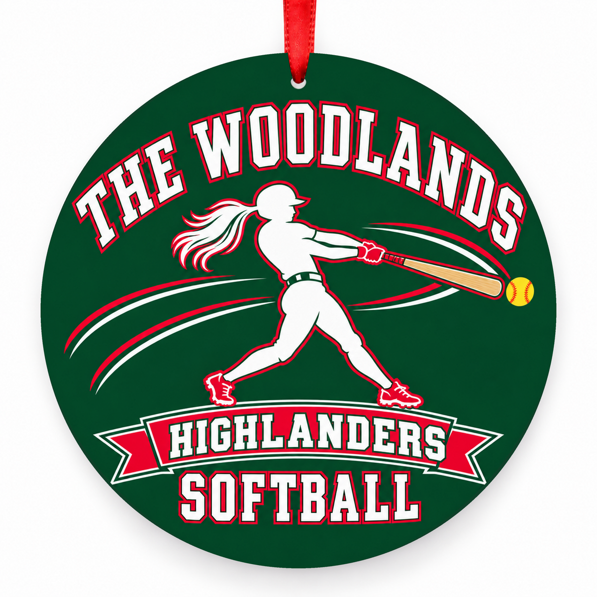 The Woodlands High School Highlanders Softball Batter Christmas Ornament in hunter green, red and white with red satin ribbon