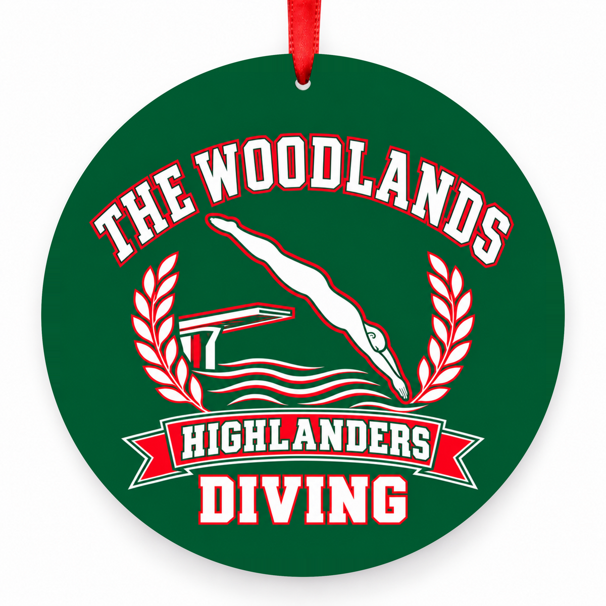 The Woodlands High School Highlanders Diving Diver Christmas Ornament in hunter green, red and white with red satin ribbon