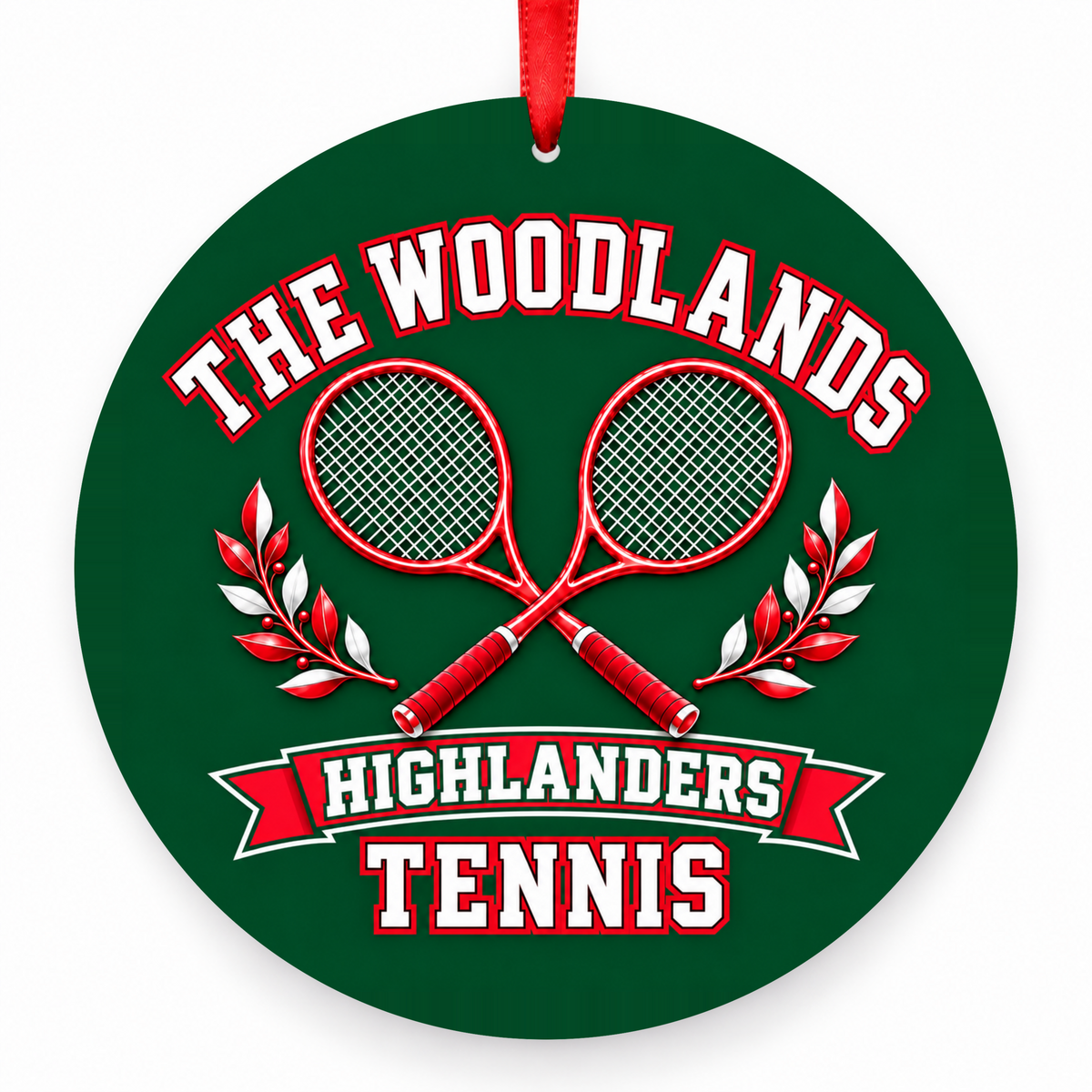 The Woodlands High School Highlanders Tennis Crossed Rackets Christmas Ornament in hunter green, red and white with red satin ribbon