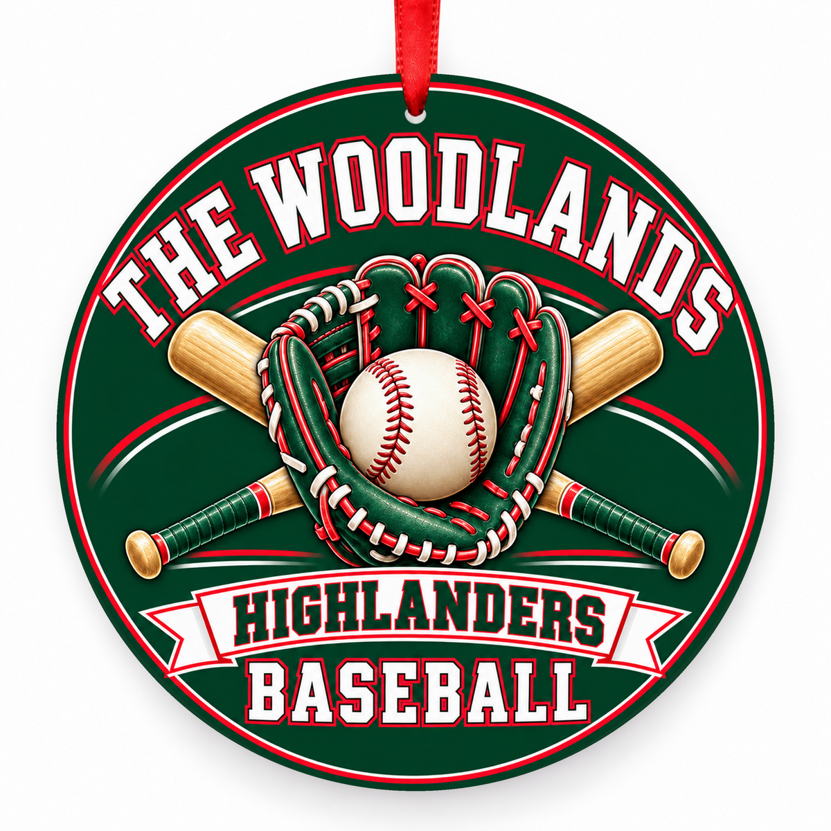 The Woodlands High School Highlanders Baseball ornament, Glove & Crossed Bats, hunter green, red, and white, with red satin ribbon