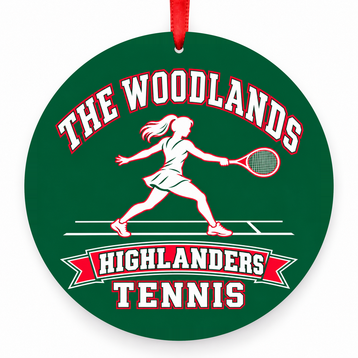 The Woodlands High School Highlanders Tennis Player Christmas Ornament in hunter green, red and white with red satin ribbon