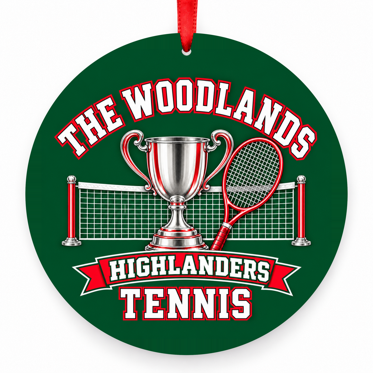 The Woodlands High School Highlanders Tennis Trophy & Net Christmas Ornament in hunter green, red and white with red satin ribbon
