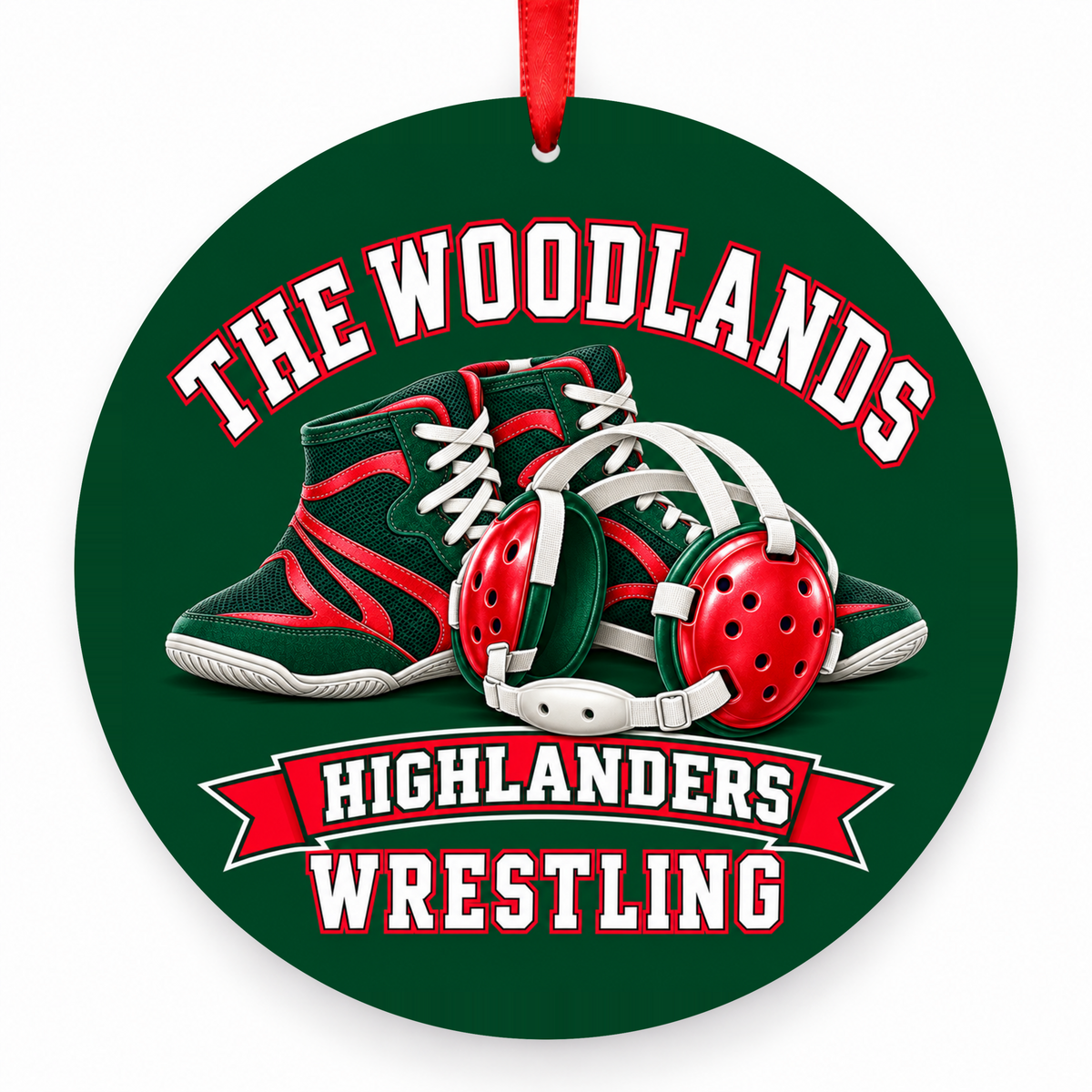 The Woodlands High School Highlanders Wrestling Shoes & Headgear Christmas Ornament in hunter green, red and white with red satin ribbon