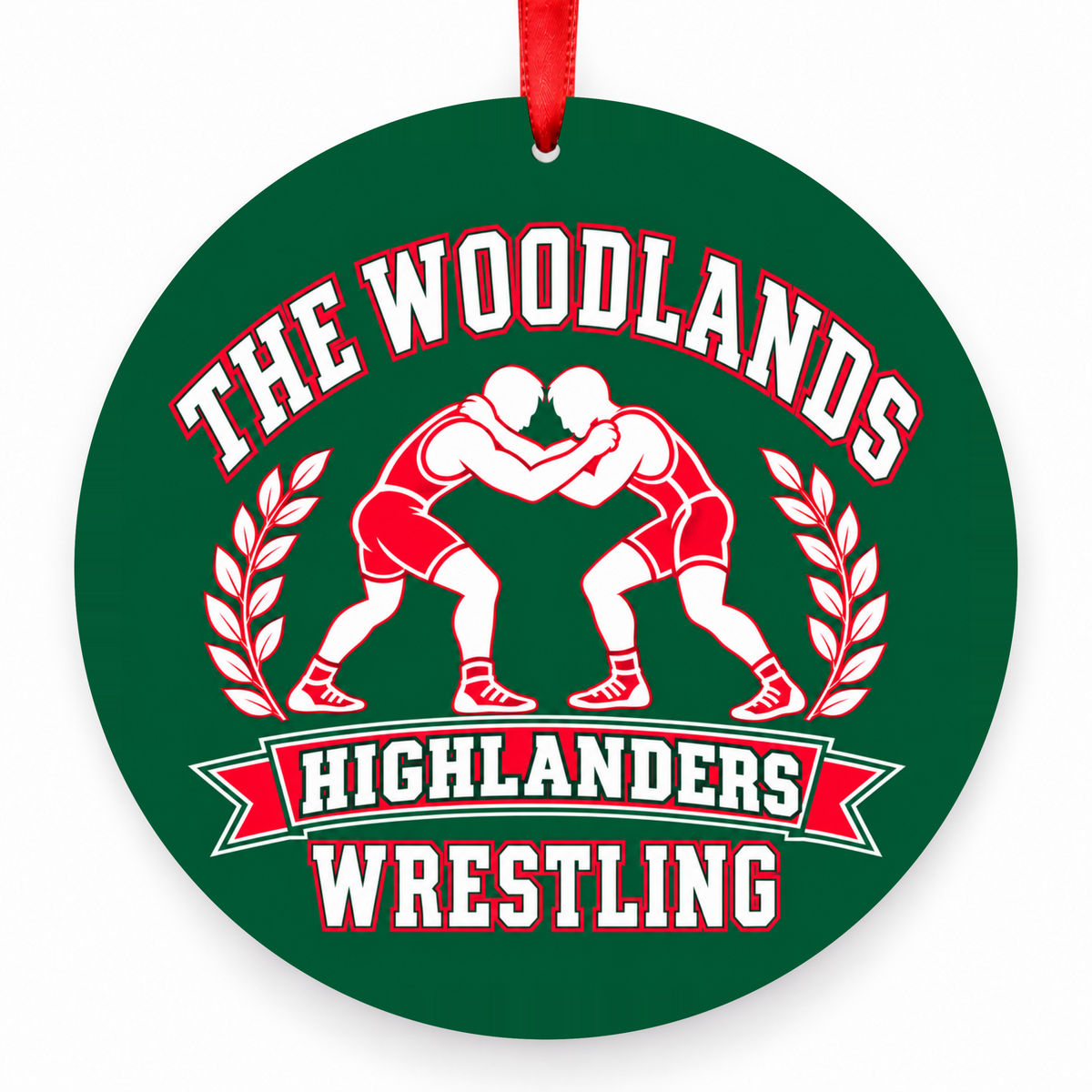 The Woodlands High School Highlanders Wrestling Wrestlers Christmas Ornament in hunter green, red and white with red satin ribbon