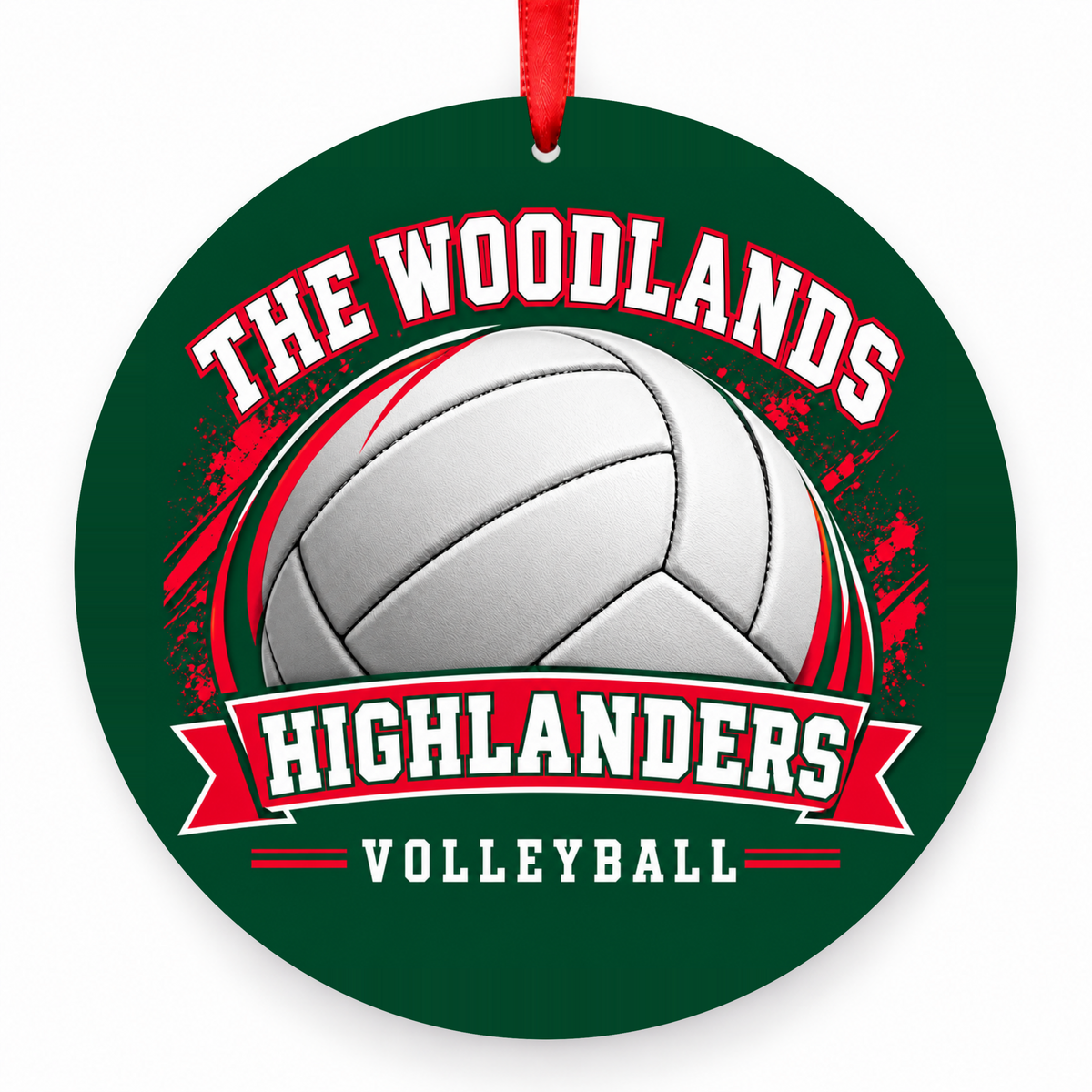 The Woodlands High School Highlanders Volleyball Bold Ball Christmas Ornament in hunter green, red and white with red satin ribbon